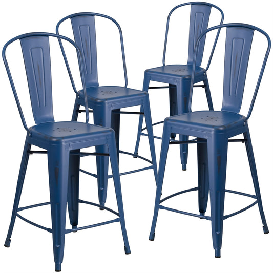 4 Pk. 24'' High Distressed Antique Blue Metal Indoor-Outdoor Counter Height Stool with Back