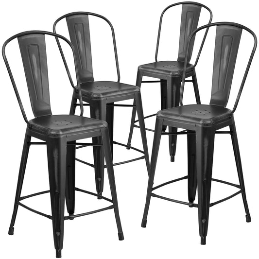 4 Pk. 24'' High Distressed Black Metal Indoor Counter Height Stool with Back