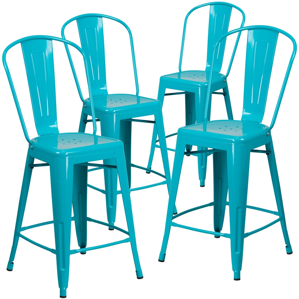 4 Pk. 24'' High Crystal Blue Metal Indoor-Outdoor Counter Height Stool with Back