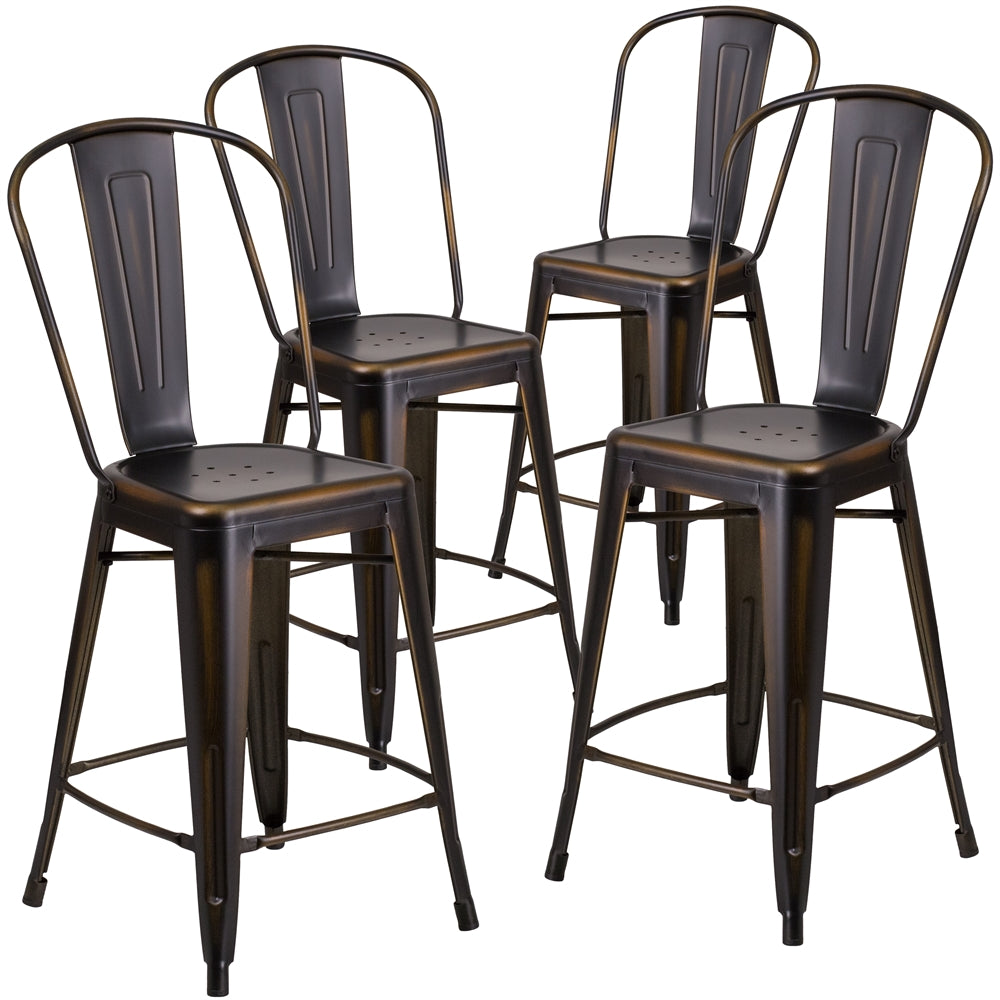 4 Pk. 24'' High Distressed Copper Metal Indoor Counter Height Stool with Back