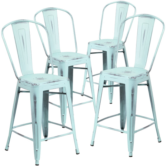 4 Pk. 24'' High Distressed Dream Blue Metal Indoor Counter Height Stool with Back