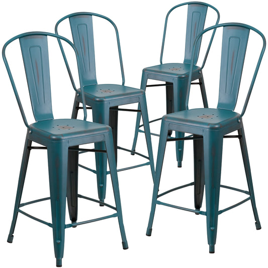 4 Pk. 24'' High Distressed Kelly Blue Metal Indoor Counter Height Stool with Back