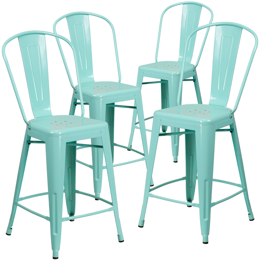 4 Pk. 24'' High Mint Green Metal Indoor-Outdoor Counter Height Stool with Back