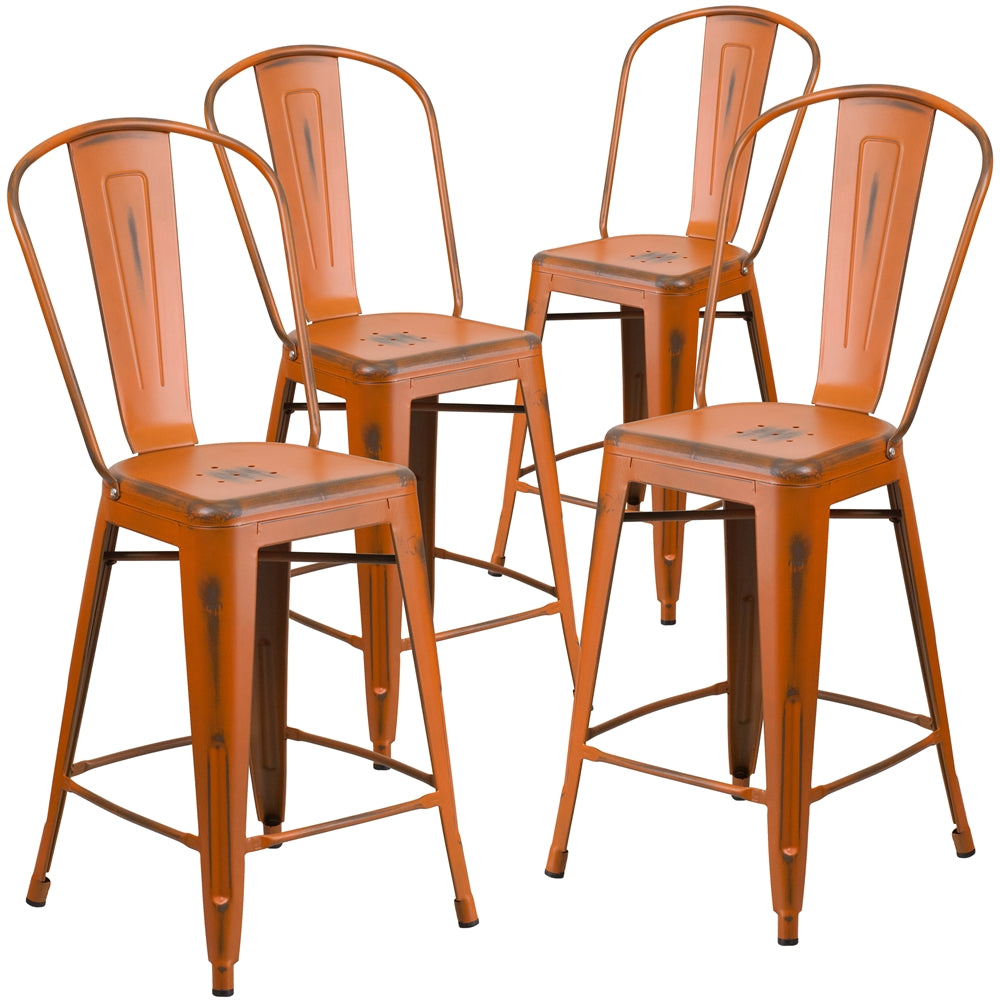 4 Pk. 24'' High Distressed Orange Metal Indoor Counter Height Stool with Back