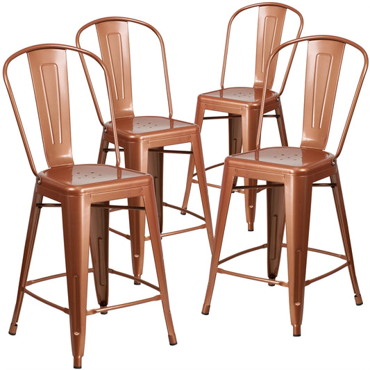 4 Pk. 24'' High Copper Metal Indoor-Outdoor Counter Height Stool with Back