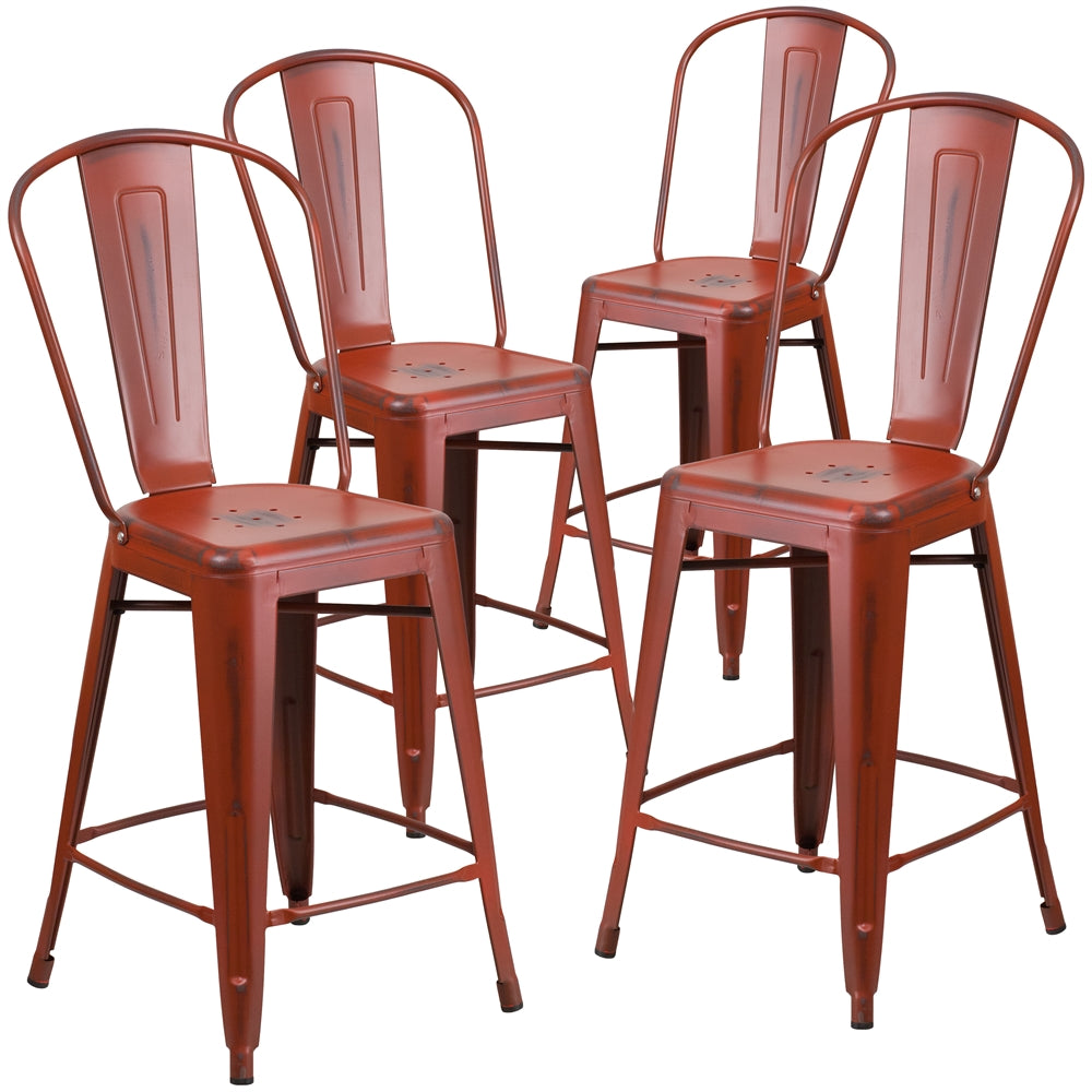 4 Pk. 24'' High Distressed Kelly Red Metal Indoor Counter Height Stool with Back