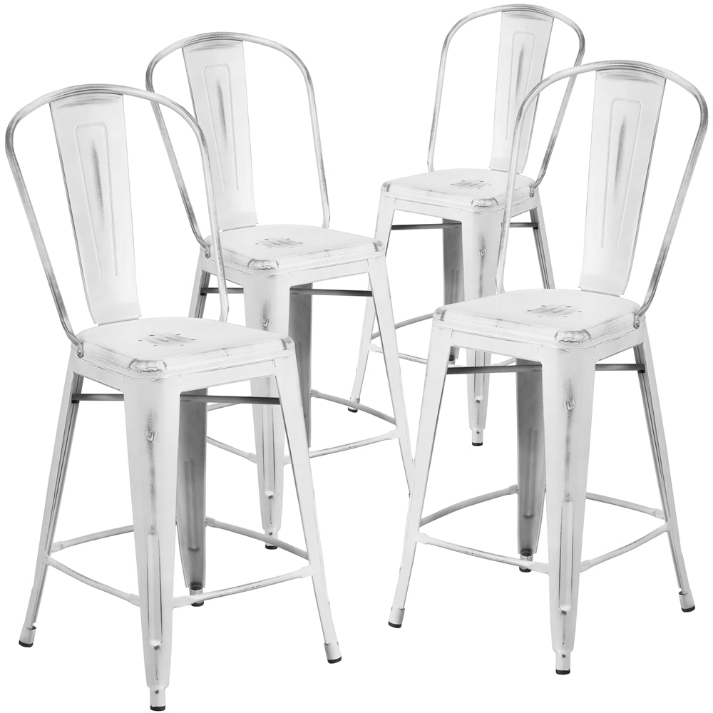 4 Pk. 24'' High Distressed White Metal Indoor Counter Height Stool with Back