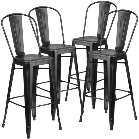 4 Pk. 30'' High Distressed Black Metal Indoor Barstool with Back