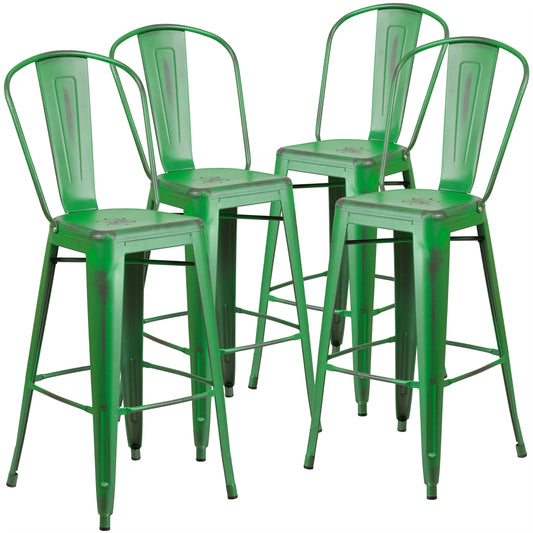 4 Pk. 30'' High Distressed Green Metal Indoor Barstool with Back