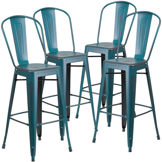 4 Pk. 30'' High Distressed Kelly Blue Metal Indoor Barstool with Back