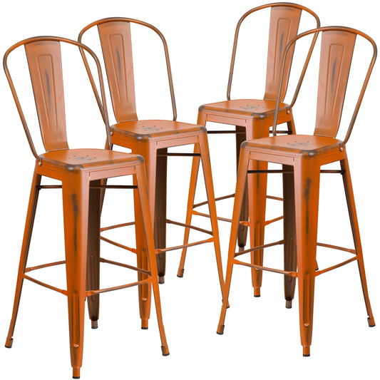 4 Pk. 30'' High Distressed Orange Metal Indoor Barstool with Back