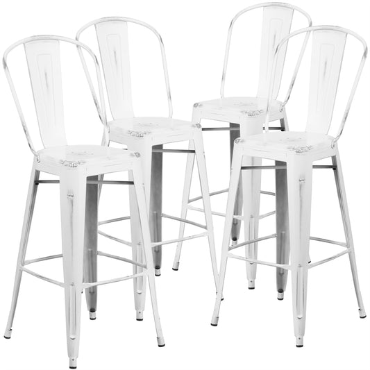 4 Pk. 30'' High Distressed White Metal Indoor Barstool with Back