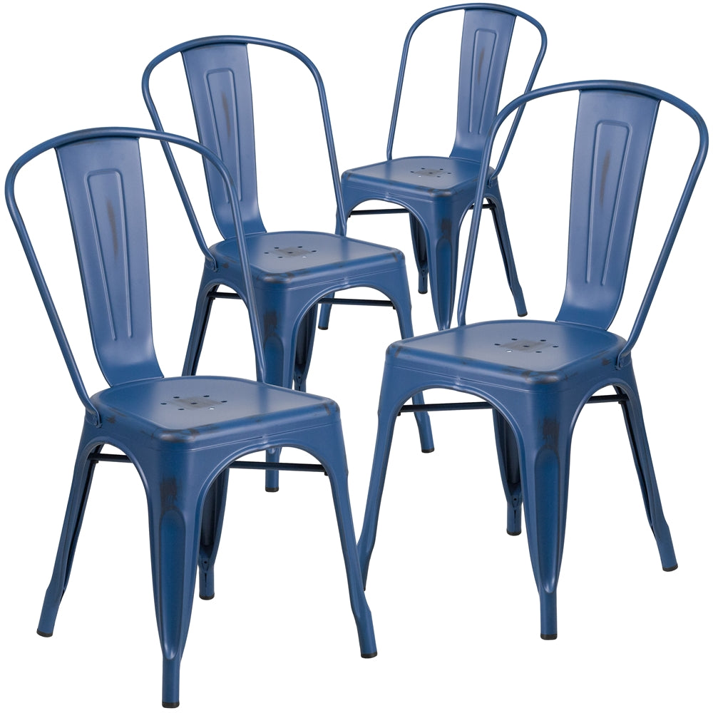 4 Pk. Distressed Antique Blue Metal Indoor-Outdoor Stackable Chair