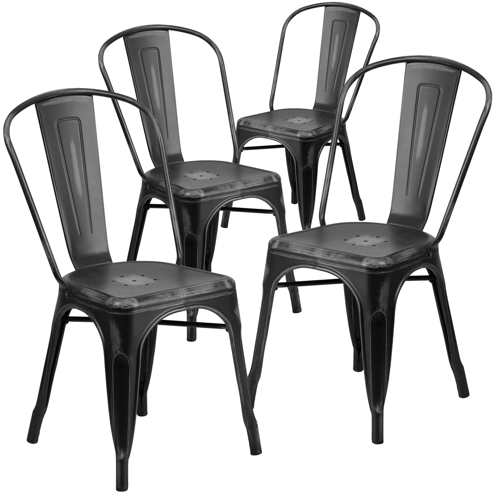 4 Pk. Distressed Black Metal Indoor Stackable Chair