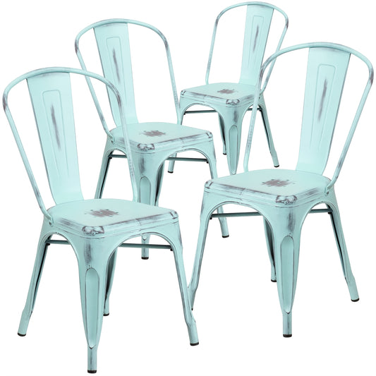 4 Pk. Distressed Dream Blue Metal Indoor Stackable Chair