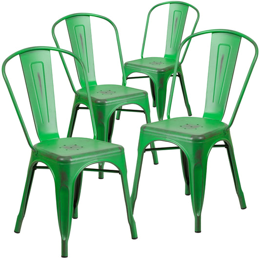 4 Pk. Distressed Green Metal Indoor Stackable Chair