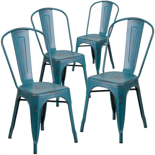 4 Pk. Distressed Kelly Blue Metal Indoor Stackable Chair