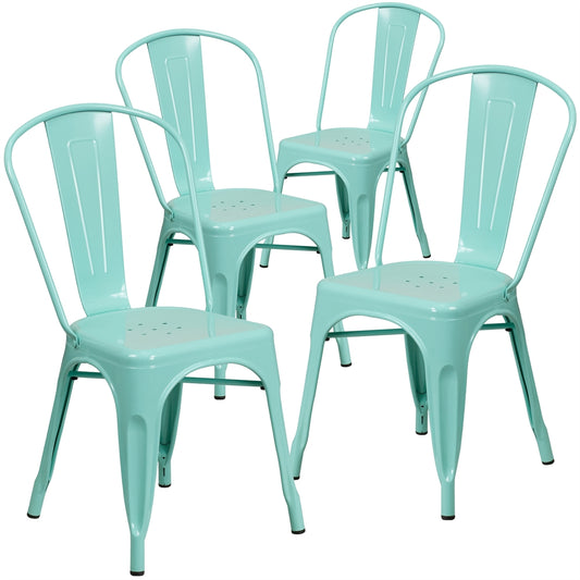 4 Pk. Mint Green Metal Indoor-Outdoor Stackable Chair