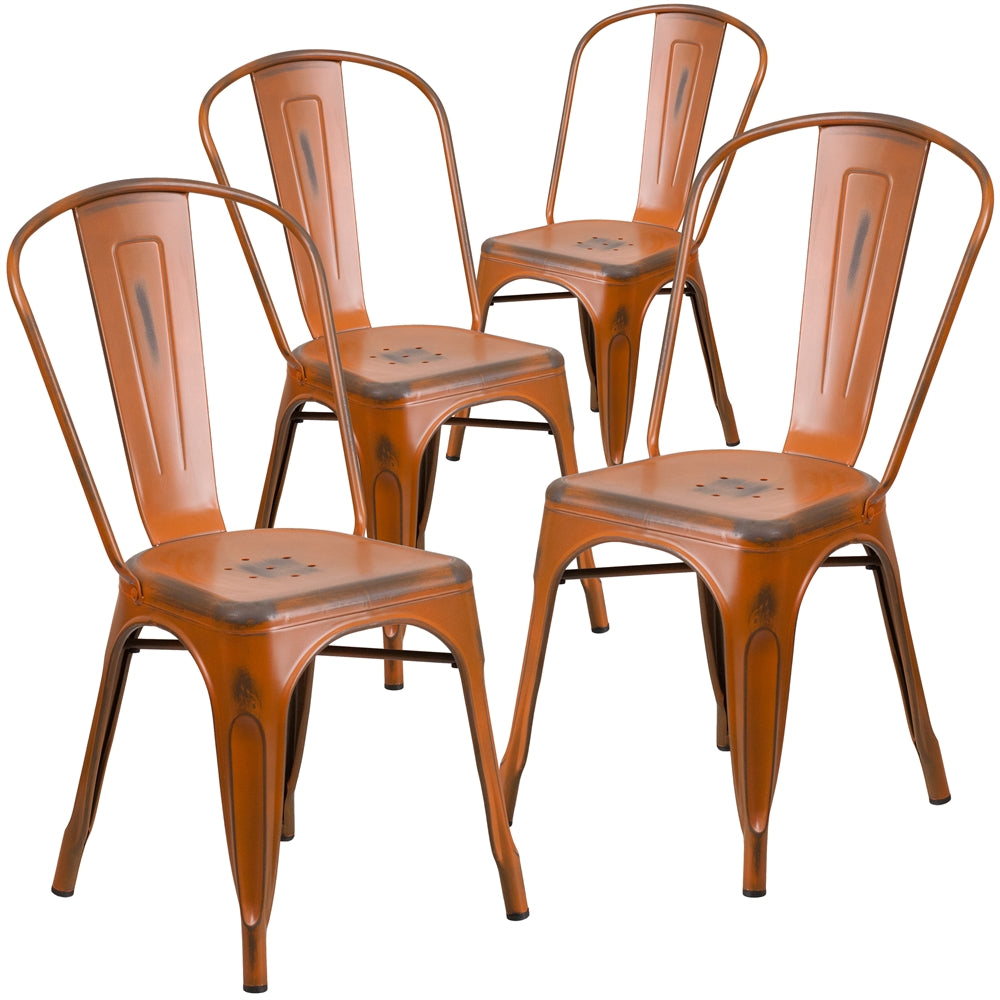 4 Pk. Distressed Orange Metal Indoor Stackable Chair