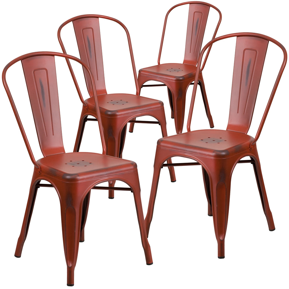 4 Pk. Distressed Kelly Red Metal Indoor Stackable Chair