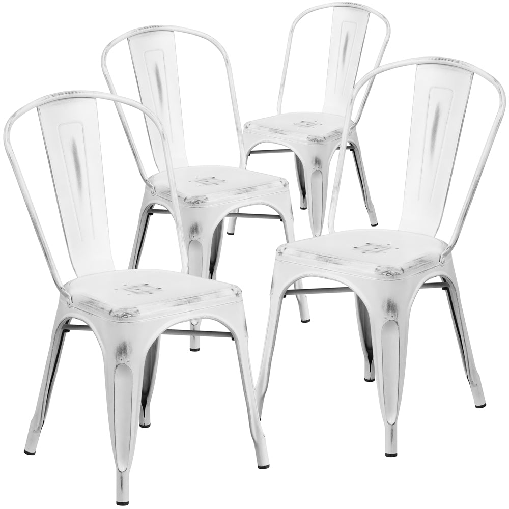 4 Pk. Distressed White Metal Indoor Stackable Chair