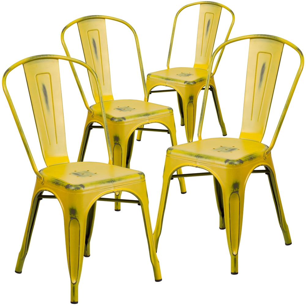 4 Pk. Distressed Yellow Metal Indoor Stackable Chair