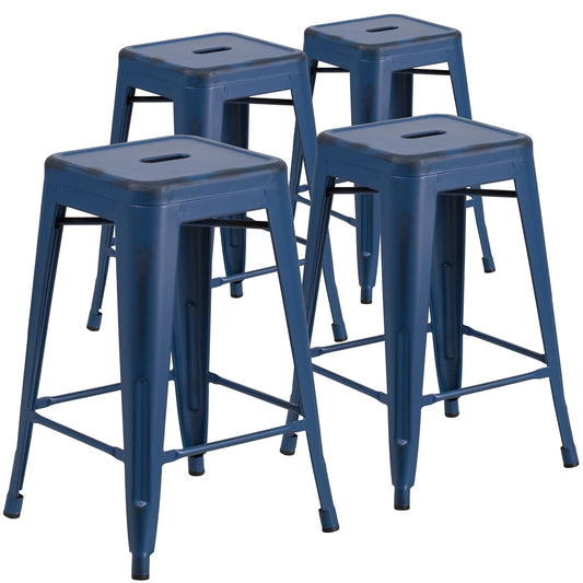 4 Pk. 24'' High Backless Distressed Antique Blue Metal Indoor-Outdoor Counter Height Stool