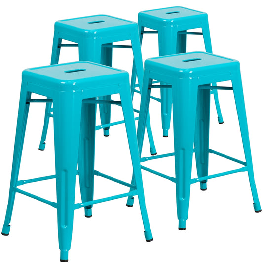 4 Pk. 24'' High Backless Crystal Blue Indoor-Outdoor Counter Height Stool