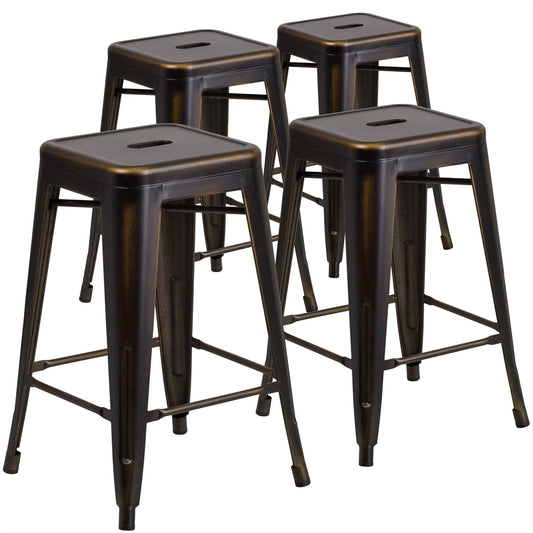 4 Pk. 24'' High Backless Distressed Copper Metal Indoor Counter Height Stool