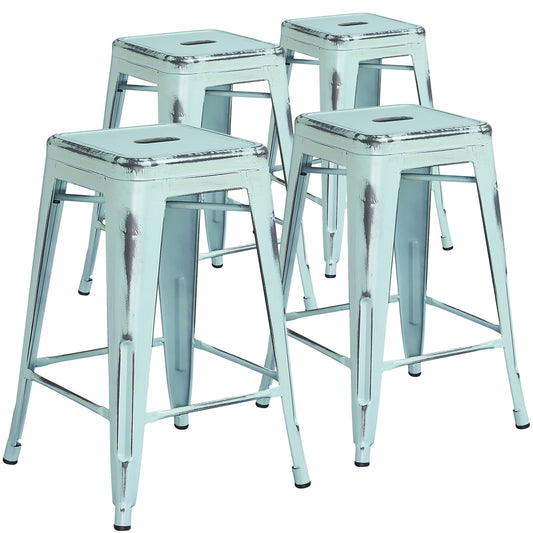 4 Pk. 24'' High Backless Distressed Dream Blue Metal Indoor Counter Height Stool