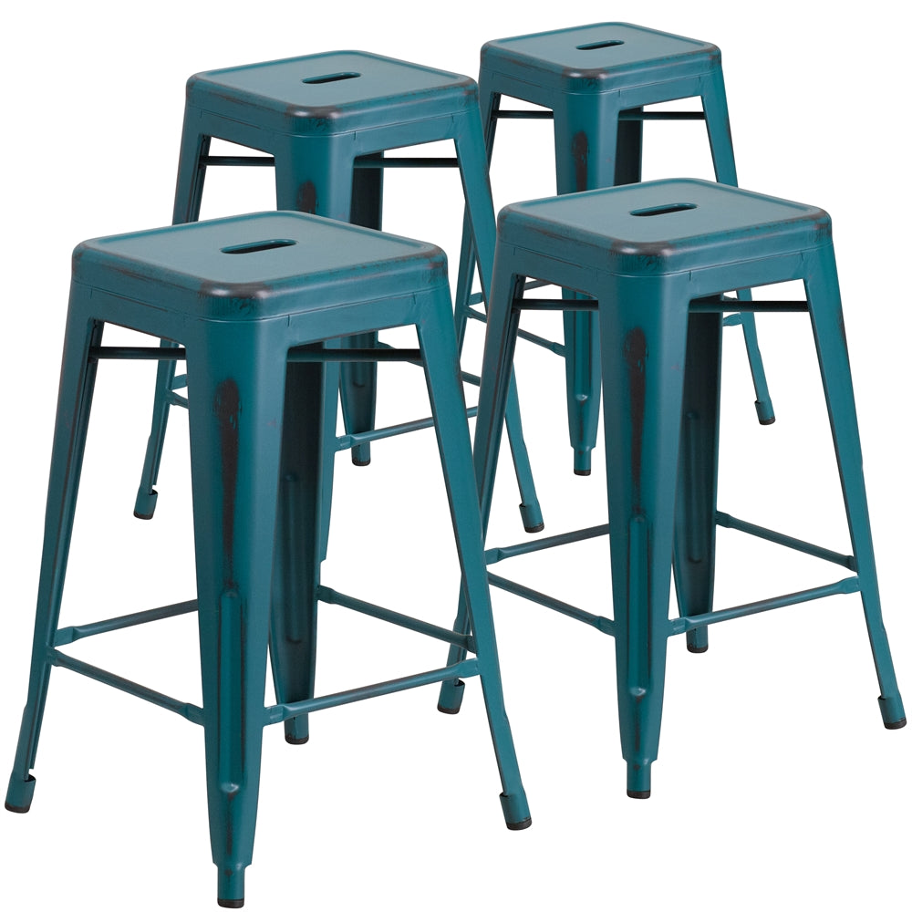 4 Pk. 24'' High Backless Distressed Kelly Blue Metal Indoor Counter Height Stool