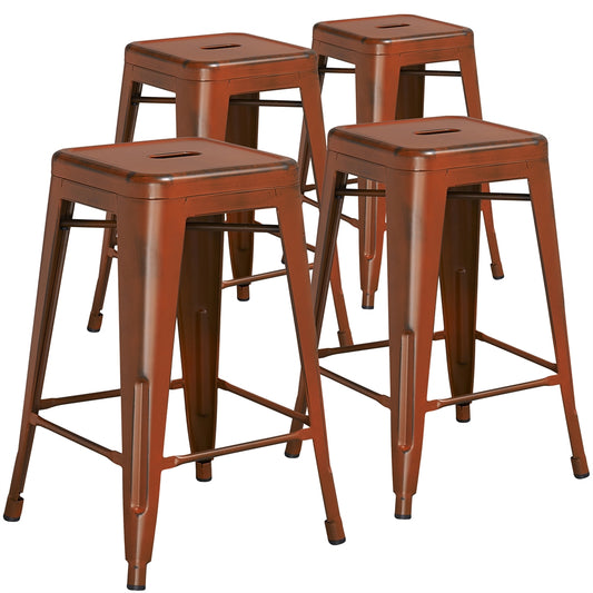 4 Pk. 24'' High Backless Distressed Orange Metal Indoor Counter Height Stool