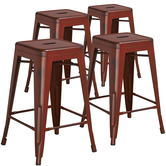 4 Pk. 24'' High Backless Distressed Kelly Red Metal Indoor Counter Height Stool