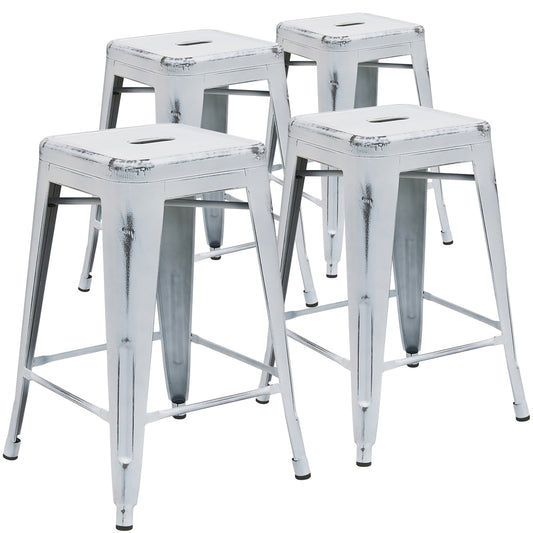 4 Pk. 24'' High Backless Distressed White Metal Indoor Counter Height Stool