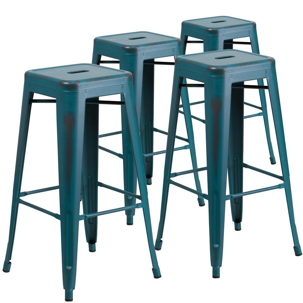 4 Pk. 30'' High Backless Distressed Kelly Blue Metal Indoor Barstool