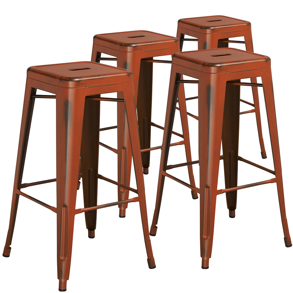 4 Pk. 30'' High Backless Distressed Orange Metal Indoor Barstool