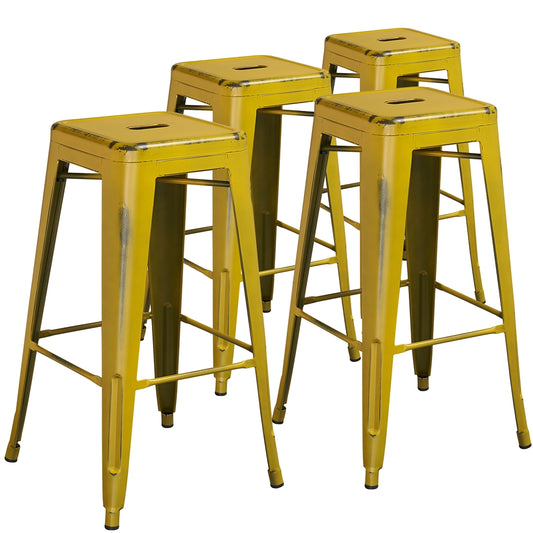 4 Pk. 30'' High Backless Distressed Yellow Metal Indoor Barstool