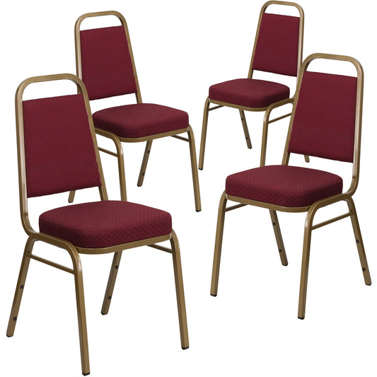 4 Pk. HERCULES Series Trapezoidal Back Stacking Banquet Chair with Burgundy Patterned Fabric and 2.5'' Thick Seat - Gold Frame