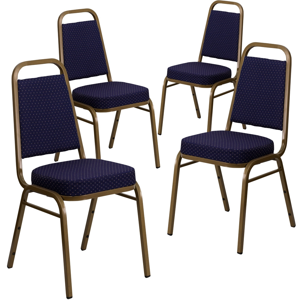 4 Pk. HERCULES Series Trapezoidal Back Stacking Banquet Chair with Navy Patterned Fabric and 2.5'' Thick Seat - Gold Frame