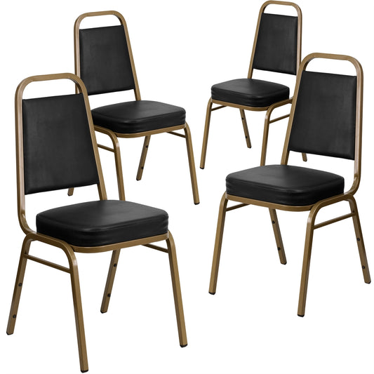 4 Pk. HERCULES Series Trapezoidal Back Stacking Banquet Chair with Black Vinyl and 2.5'' Thick Seat - Gold Frame