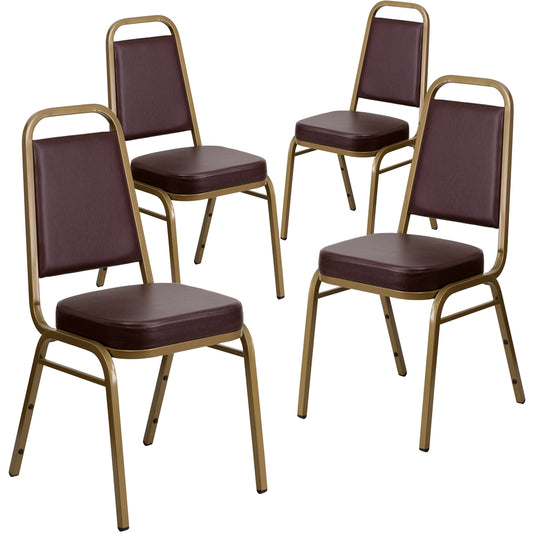 4 Pk. HERCULES Series Trapezoidal Back Stacking Banquet Chair with Brown Vinyl and 2.5'' Thick Seat - Gold Frame