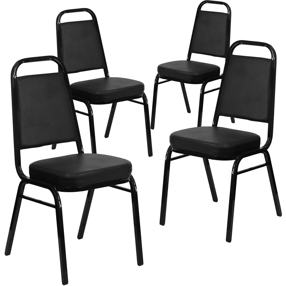 4 Pk. HERCULES Series Trapezoidal Back Stacking Banquet Chair with Black Vinyl and 2.5'' Thick Seat - Black Frame