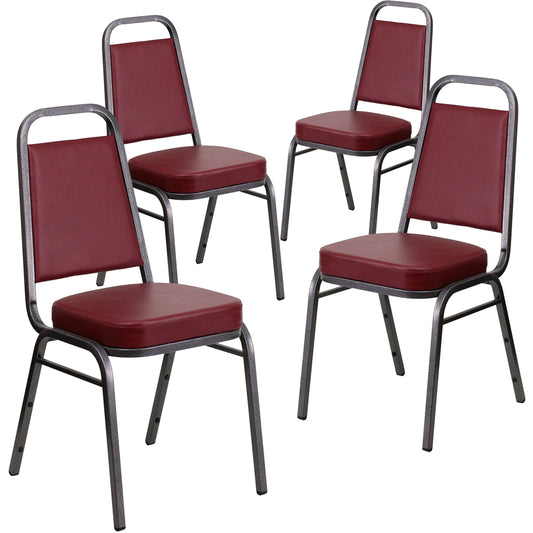 4 Pk. HERCULES Series Trapezoidal Back Stacking Banquet Chair with Burgundy Vinyl and 2.5'' Thick Seat - Silver Vein Frame