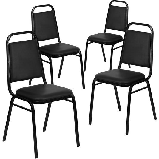 4 Pk. HERCULES Series Trapezoidal Back Stacking Banquet Chair with Black Vinyl and 1.5'' Thick Seat - Black Frame