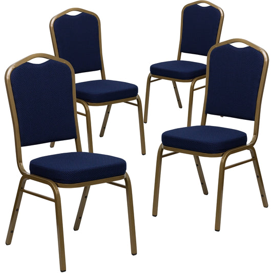 4 Pk. HERCULES Series Crown Back Stacking Banquet Chair with Navy Blue Patterned Fabric and 2.5'' Thick Seat - Gold Frame