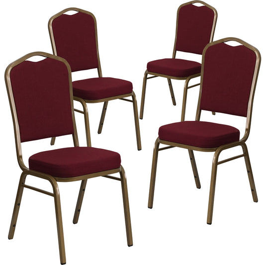 4 Pk. HERCULES Series Crown Back Stacking Banquet Chair with Burgundy Fabric and 2.5'' Thick Seat - Gold Frame