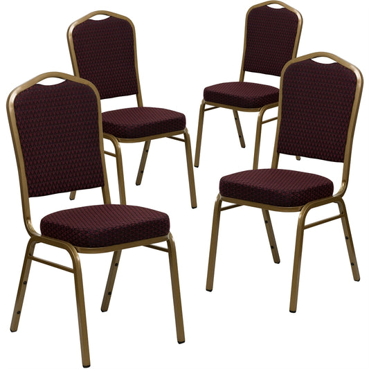 4 Pk. HERCULES Series Crown Back Stacking Banquet Chair with Burgundy Patterned Fabric and 2.5'' Thick Seat - Gold Frame