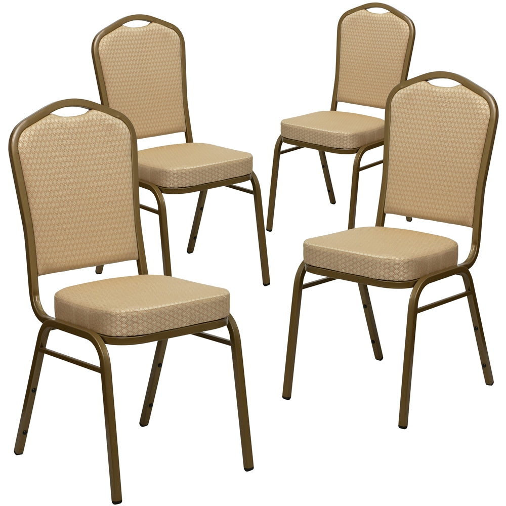 4 Pk. HERCULES Series Crown Back Stacking Banquet Chair with Beige Patterned Fabric and 2.5'' Thick Seat - Gold Frame