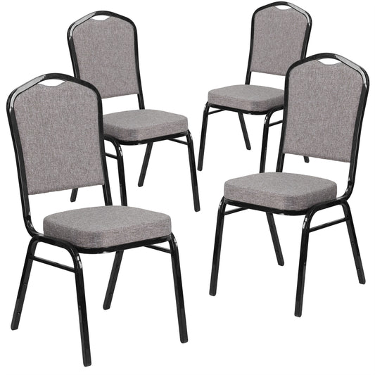 4 Pk. HERCULES Series Crown Back Stacking Banquet Chair with Gray Fabric and 2.5'' Thick Seat - Black Frame