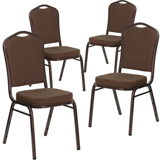 4 Pk. HERCULES Series Crown Back Stacking Banquet Chair with Brown Patterned Fabric and 2.5'' Thick Seat - Copper Vein Frame